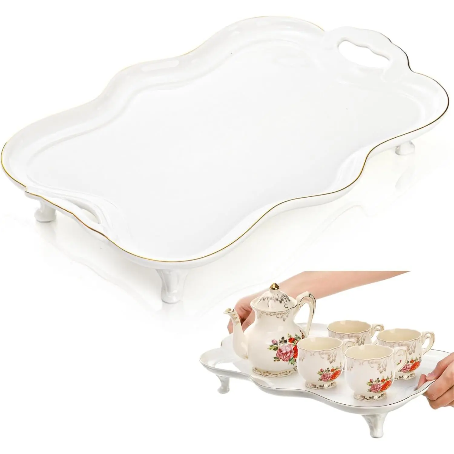 16" Large Ceramic Serving Tray with Handles, Footed Rectangular Coffee Table Tray with  Rim,  Decorative Platter for , Perfume and Ottoman, Living Room Decor