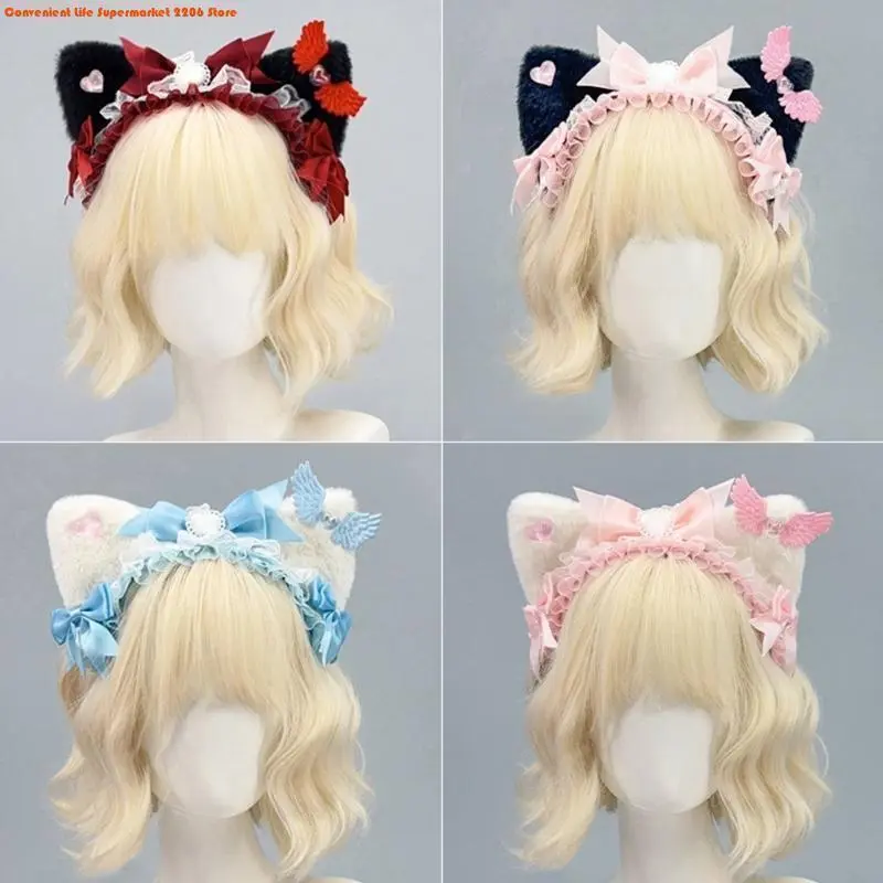 E06E Kitten Headbands Cosplay Bows Wing Cats Ear Hairbands Dark Headwear Makeup Washing Face Hairbands Birthday Party