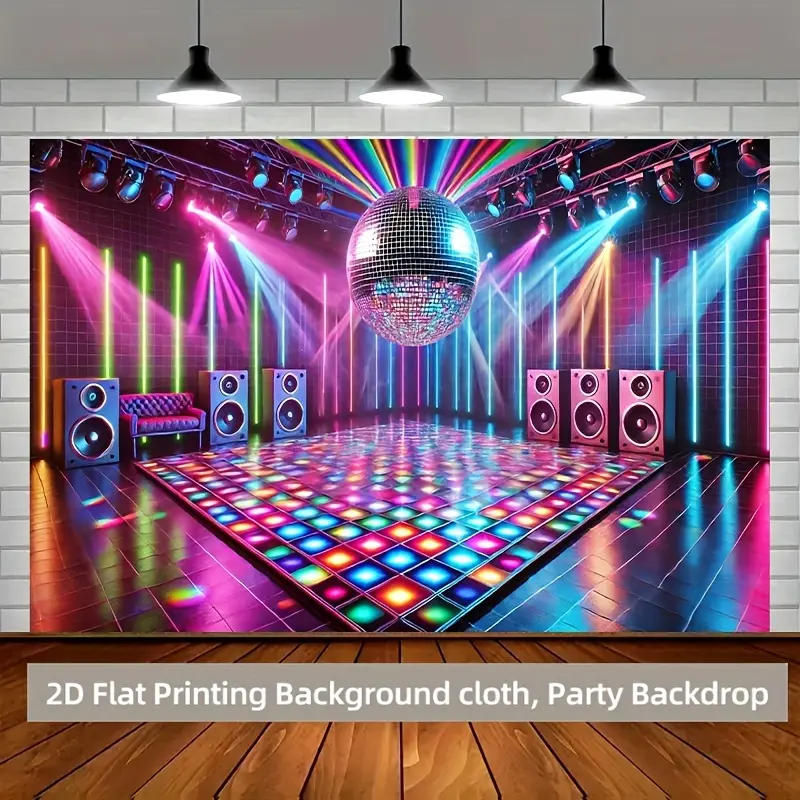 2D flat, 1 vivid party background - colorful dance floor scene with disco balls and neon lights, durable polyester fabric suitable for indoor/outdoor activities - tc