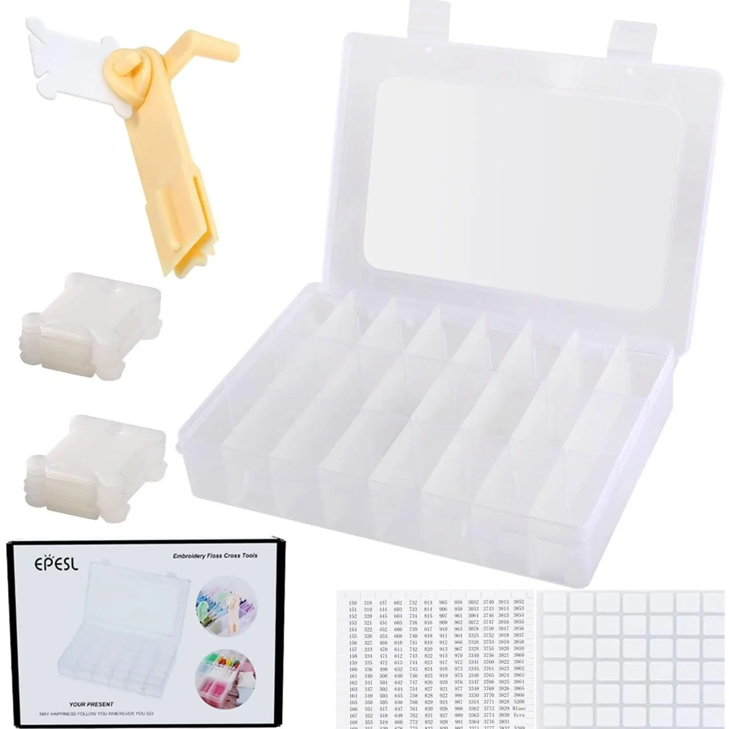 Embroidery Floss Organizer, Cross Stitch Thread Storage Box Tools - Bobbin Winder, 1 Removable 24 Compartments with 40 Hard Plastic Floss Bobbins and Stickers for Craft DIY Embroidery Sewing Storage