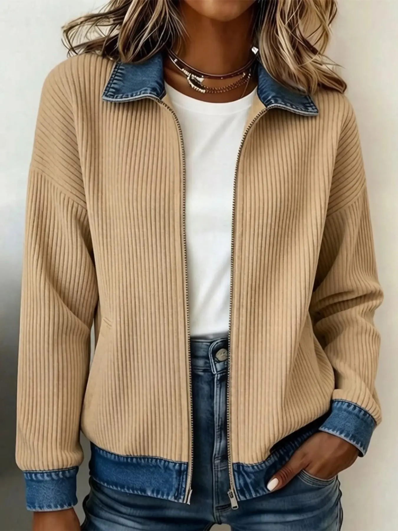 Women's Fall Winter Fashion Long Sleeve Zipper Patchwork Coat, Casual Fitted Outerwear, Pull on Style, Unlined