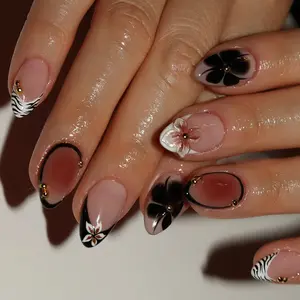 24pcs Medium-Length Almond Nails, Nude Jelly Base, Zebra Pattern, French Edge, Gold Beads, Party Nail Art