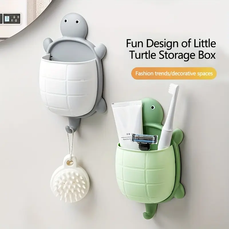 1pc Cute Multifunctional Hanging Storage Basket with Hook - Punch-Free Wall-Mounted Plastic Organizer Box for Toothbrush, Toiletry, Makeup, Space-Saving Home Decor Bathroom Organizer