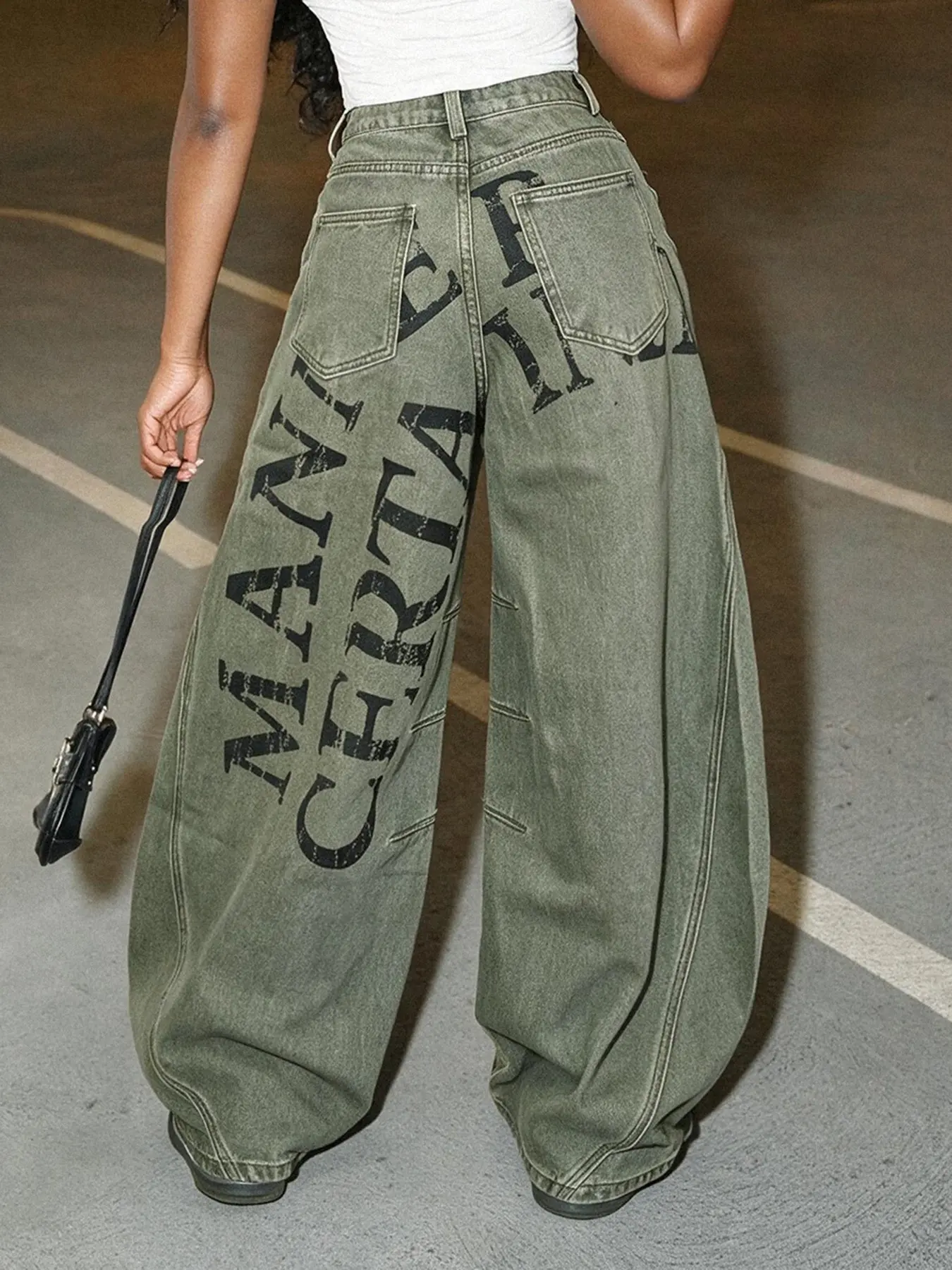 Black Text Printed Wide Leg Jeans.Cool Army Green Loose Fit Denim.Edgy Tomboy Fashion Pants (Excluding belts and accessories)