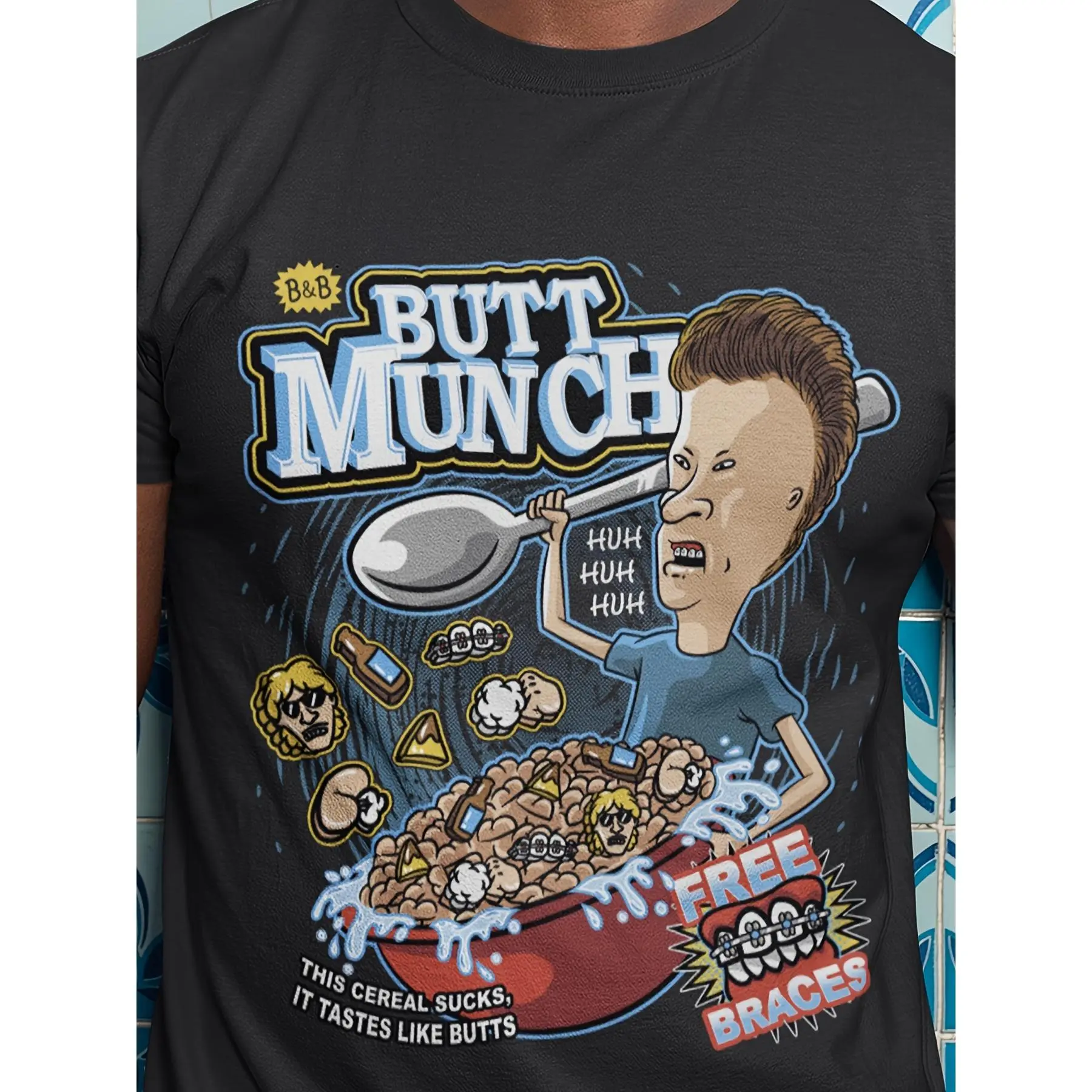 Men's 100% Cotton 90s Retro Beavis and Butt-Head Parody Cereal Box Short-Sleeve T-Shirt - High-Quality Pure Heat Printed, Light Elastic, All-Season, Athletic Nerd-Focused Casual Streetwear Gift, Foldable, Cold-Wash Compatible, Size S, Cute, Preppy, Nerds