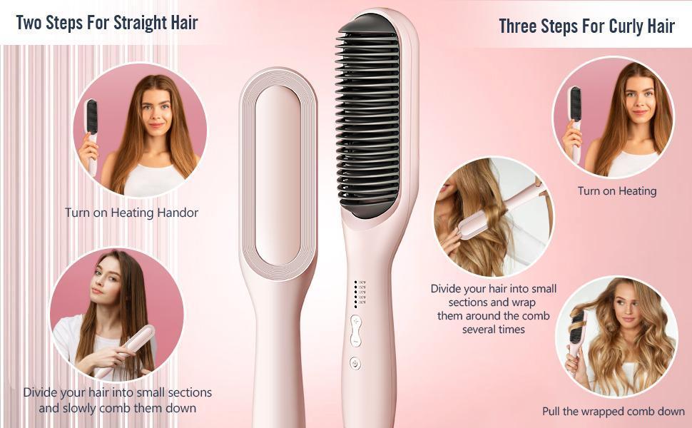 2-in-1 Hair Brush Straightener for Women - 5 Temperature Settings, Fast Heating Styling Brush with Dual Voltage (110-240V), Anti-Scald & Auto Shut Off - Perfect Travel Gift (Pink), travel perfect gift