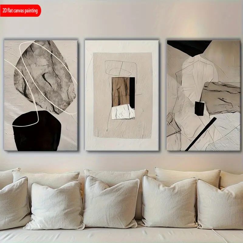 Modern Farmhouse Style 2D Wall Art 3-Piece Boxed Set - Waterproof Wooden Framed Wrapped Canvas Prints, Abstract Lines Minimalist Line Drawing, Neutral Beige Black, Hanging Decor with Tools, for Living Room, Gift