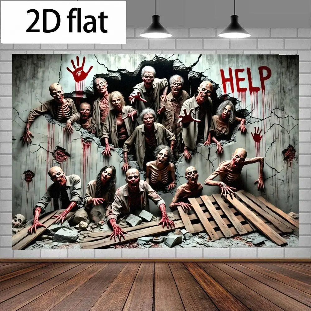 2D Flat Banner Halloween Decoration, Polyester Backdrop Banner, Zombie Wall Breaker Horror Background Cloth, Blood Text & Bone Handprint, Polyester Material, Multiple Sizes Available
