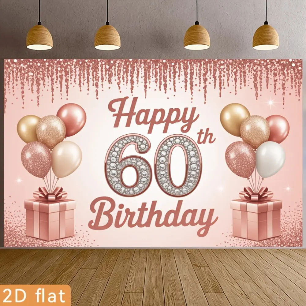 Rose Gold Themed 60th Birthday Polyester Photography Backdrop, 2D Flat Banner, HD Digitally Printed Soft Lightweight Foldable Cloth, Unisex for Party Decoration, Portrait Photos