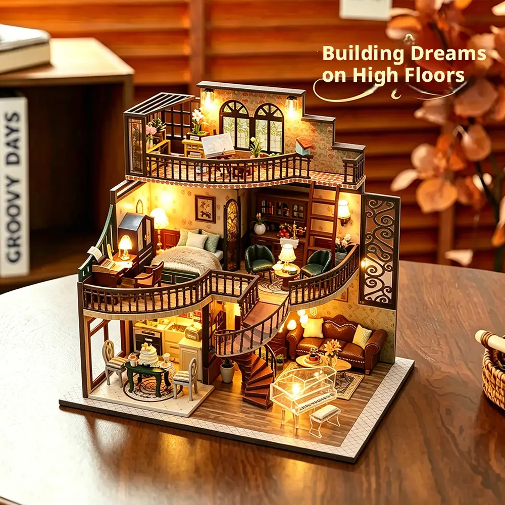 DIY hand-assembled wooden villa loft cabin with lights, miniature architectural model scene, creative decoration handmade puzzle toy gift decorative book nook kit house building classic design bookshelf decor journal planner alley build chinese feng shui