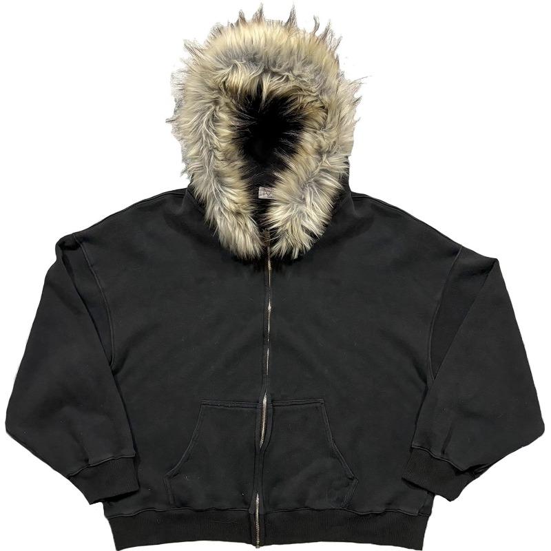 BIGWIG Black zip-up hooded jacket with faux fur - unisex street gothic style SpringStatements