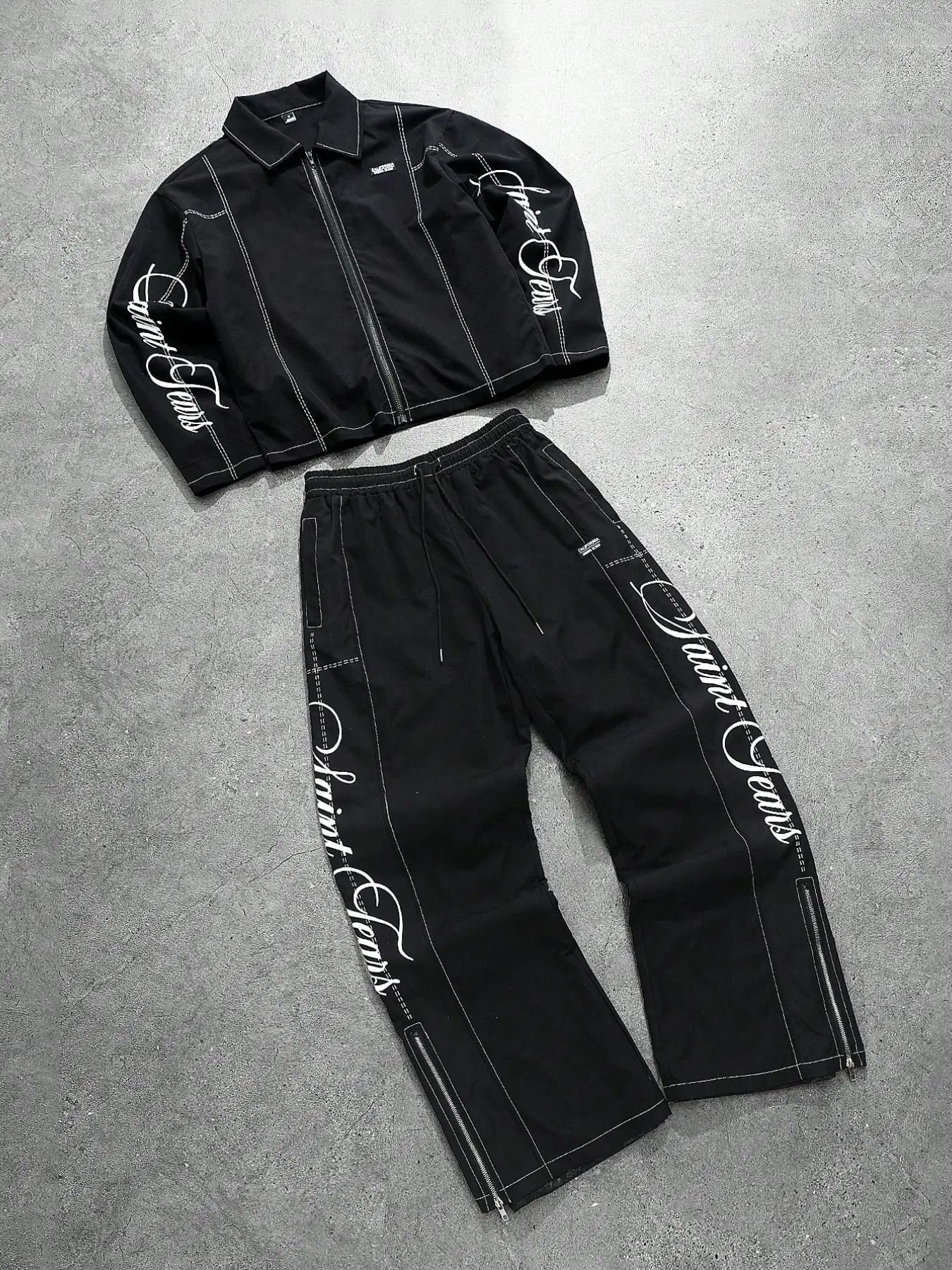 Men's High Street Sport Set, Letter Print Zip Jacket Shirt, Loose Straight Zip Long Pants, Casual Fashion Two-Piece Set, Casual Sports Tracksuit, Casual Sportswear Set