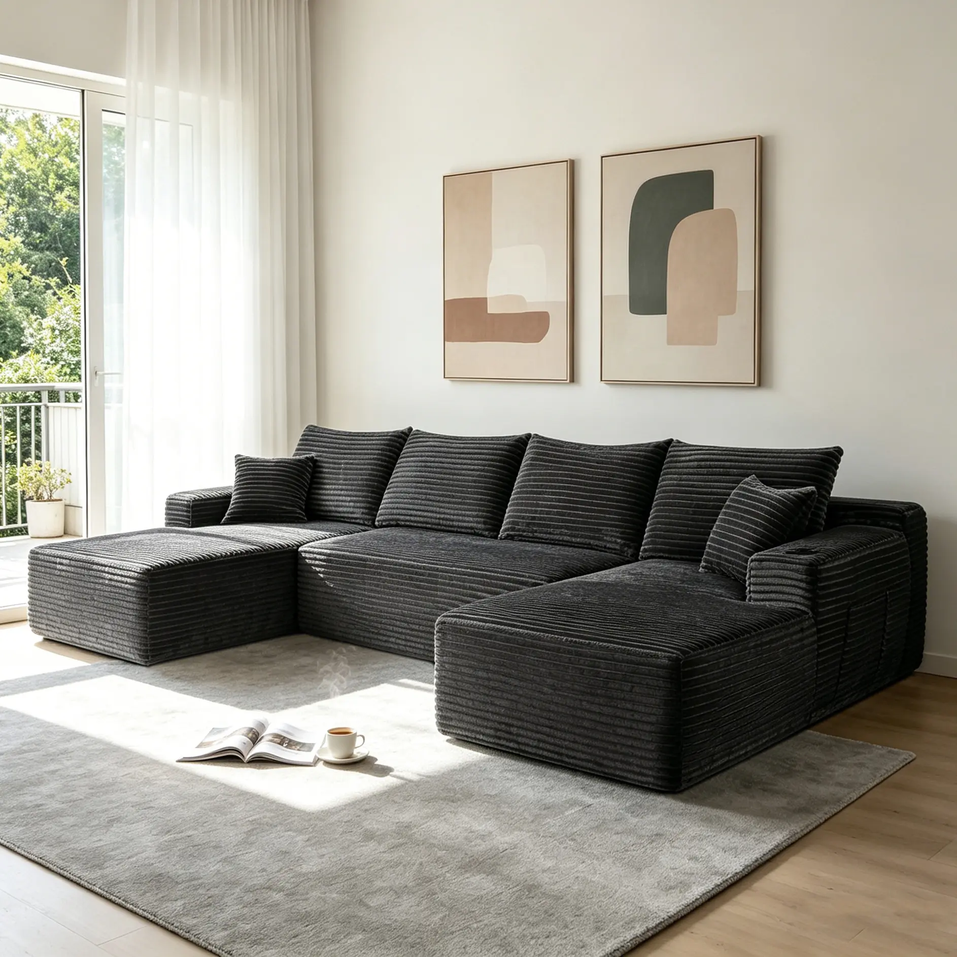 ARCH 126" U-Shape Cloud Modular Sectional Sofa - 5-Seat Deep Seats Couch with Side Pockets, Side Cups, Chaise, Plush Fabric Upholstery, Foam+Spring Material, No Assembly Required for Living Room