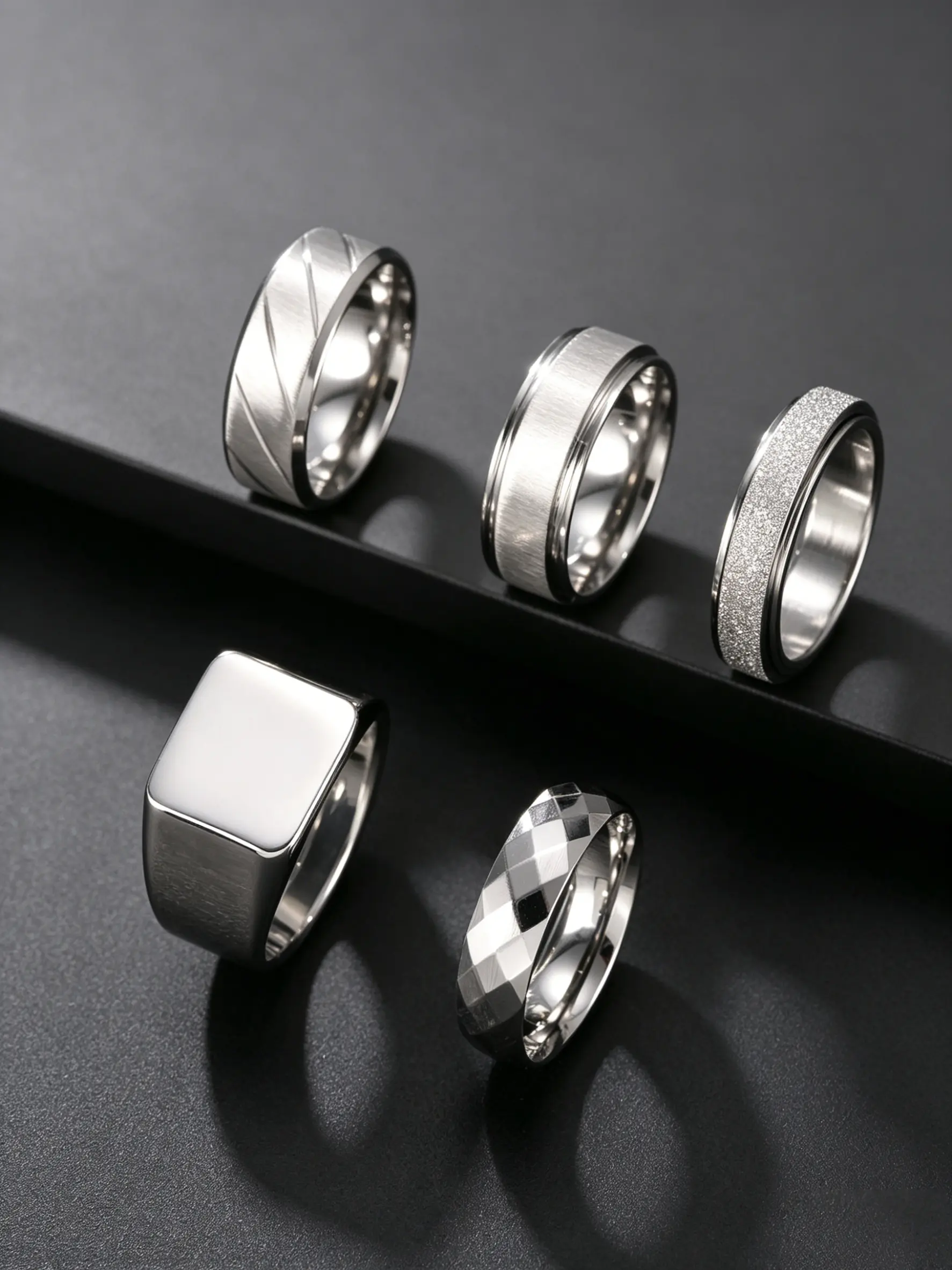 5Pcs Steel Wide Band Rings Diagonal Line Sand Textured Frosted Faceted Cut Square Shaped Ring Blank Signet Finger Rings Unisex Noble Elegant Fashion Pretty Stackable Jewelry Suitable For Daily Life Party Matching Valentine Christmas Birthday Gift