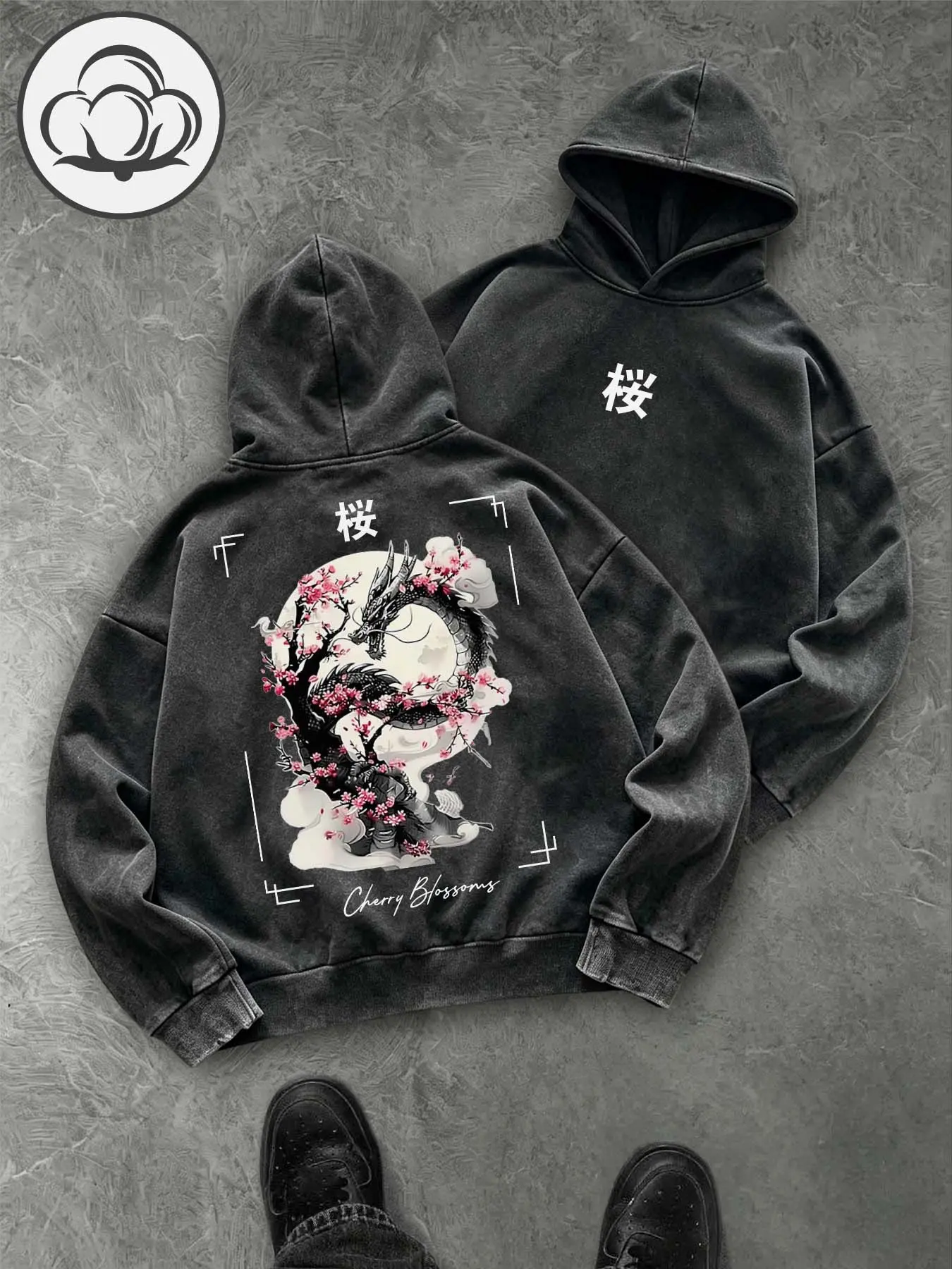 Y2K Vintage Washed Cherry Blossom Dragon Hoodie, Retro Eastern Inspired Double-Sided Print, Streetwear for Anime Parties, Fall Winter Trendy Sweatshirt