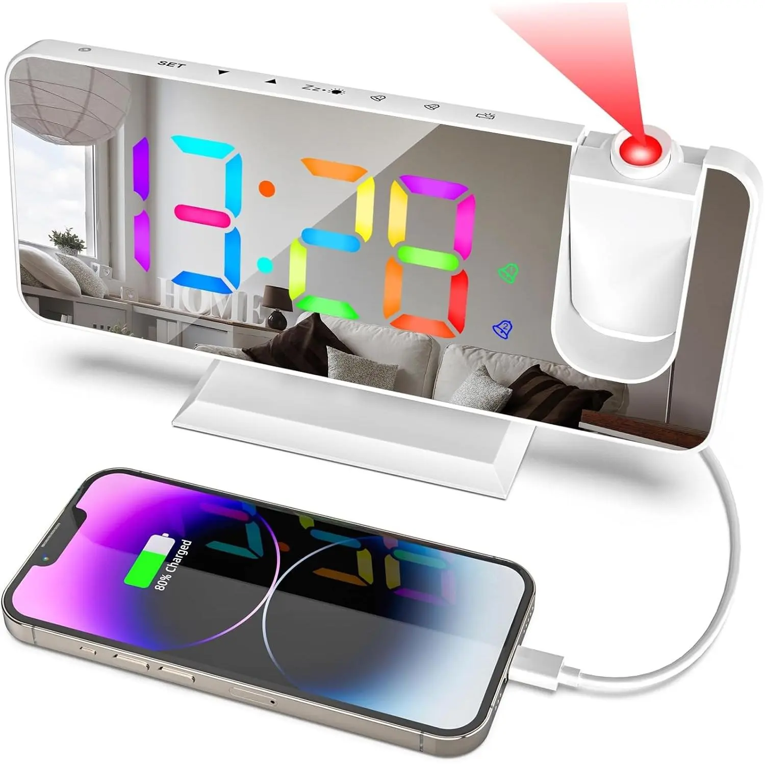 Projection Alarm Clock for Bedrooms Ceiling, 7.3" Digital Clock Large Display Mirror Screen, 11 Colors RGB Clock with 180° Rotatable Projector, 5 Auto Dimmer, 12/24h, Snooze, Dual Alarm