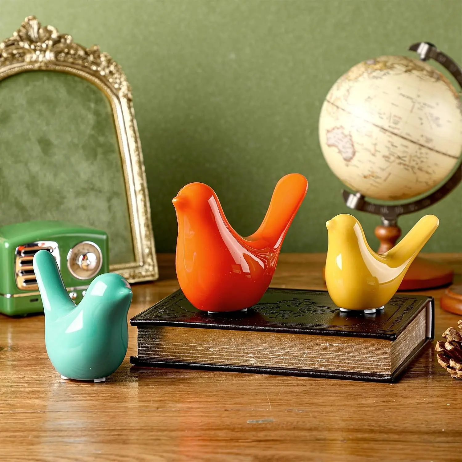 3pcs Mid Century Modern Decor Medieval Table Decor Ceramic Birds Orange Blue and Yellow Ceramic Birds for Home Office Table Desktop Bookshelf Mantelpiece Shelf Centerpiece