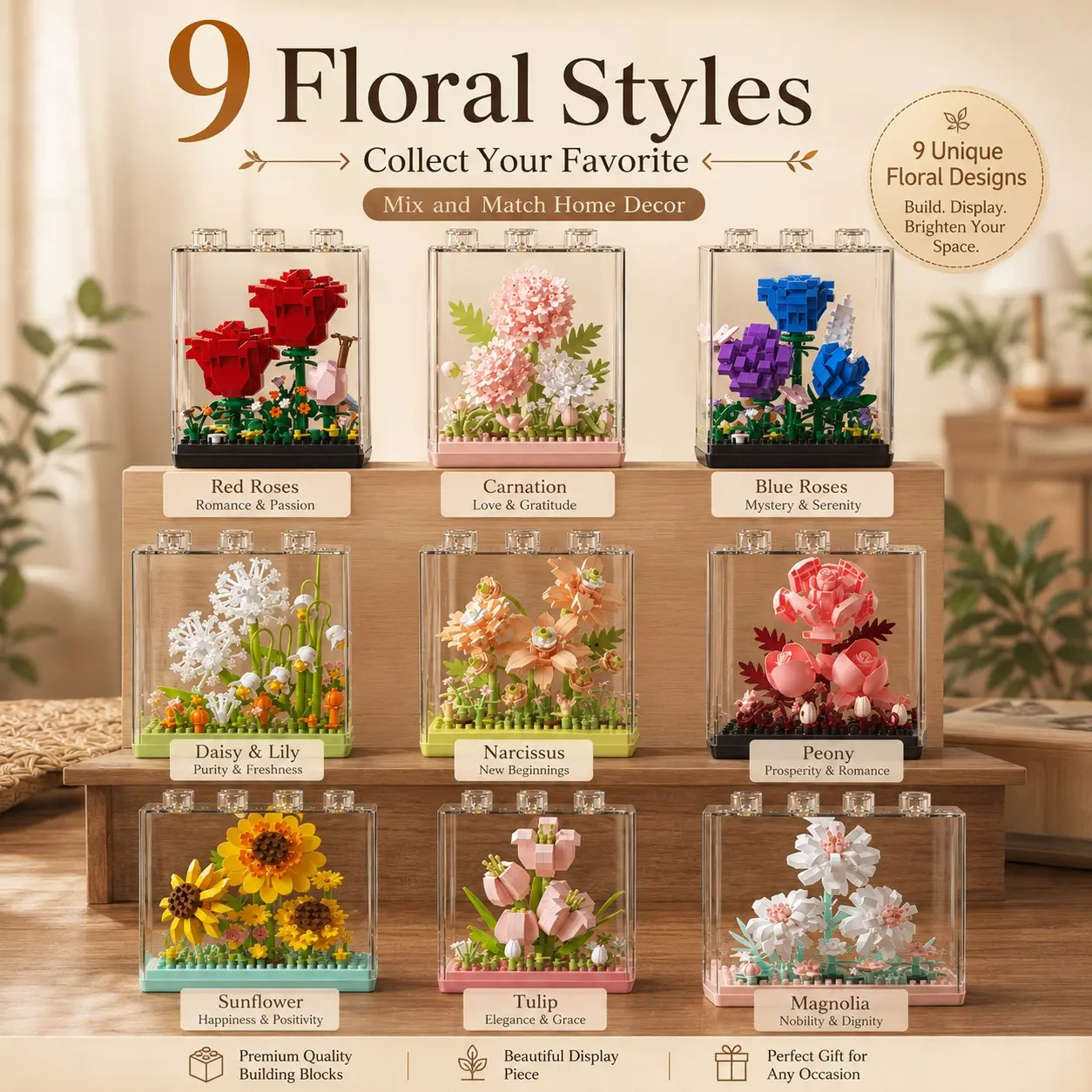 9 pc Mini Flower Building Blocks, Romantic Botanical Style, Clear Dustproof Display Case with Floral Scene, DIY Construction Toy for Desk Shelf Bedroom and Dollhouse Decor, Christmas Gift, Collectible Building Set, Home Decoration