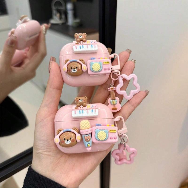 Cute Cartoon Music Bear Earphone Case for Airpods 1/ 2/ 3/ 4/ Pro/ Pro 2 - Anti-Drop Protective Cover with Music Pendant, Girls' Favorite Kawaii Accessory for Airpods Users