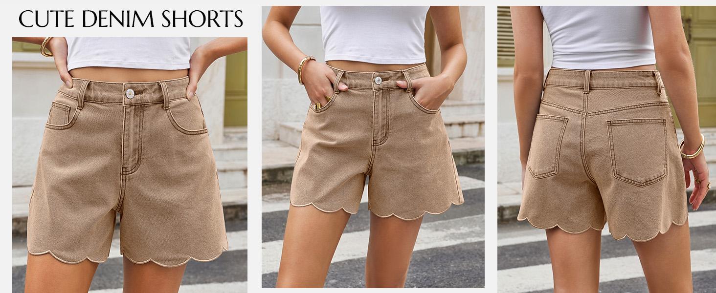Aoysky Women's High-Waisted Fitted Minimalist Denim Jean Shorts - Summer Straight-Leg Wave Hem Casual Bottoms for Ladies,summerwins,summeroutfits,vacationoutfits,beachoutfits