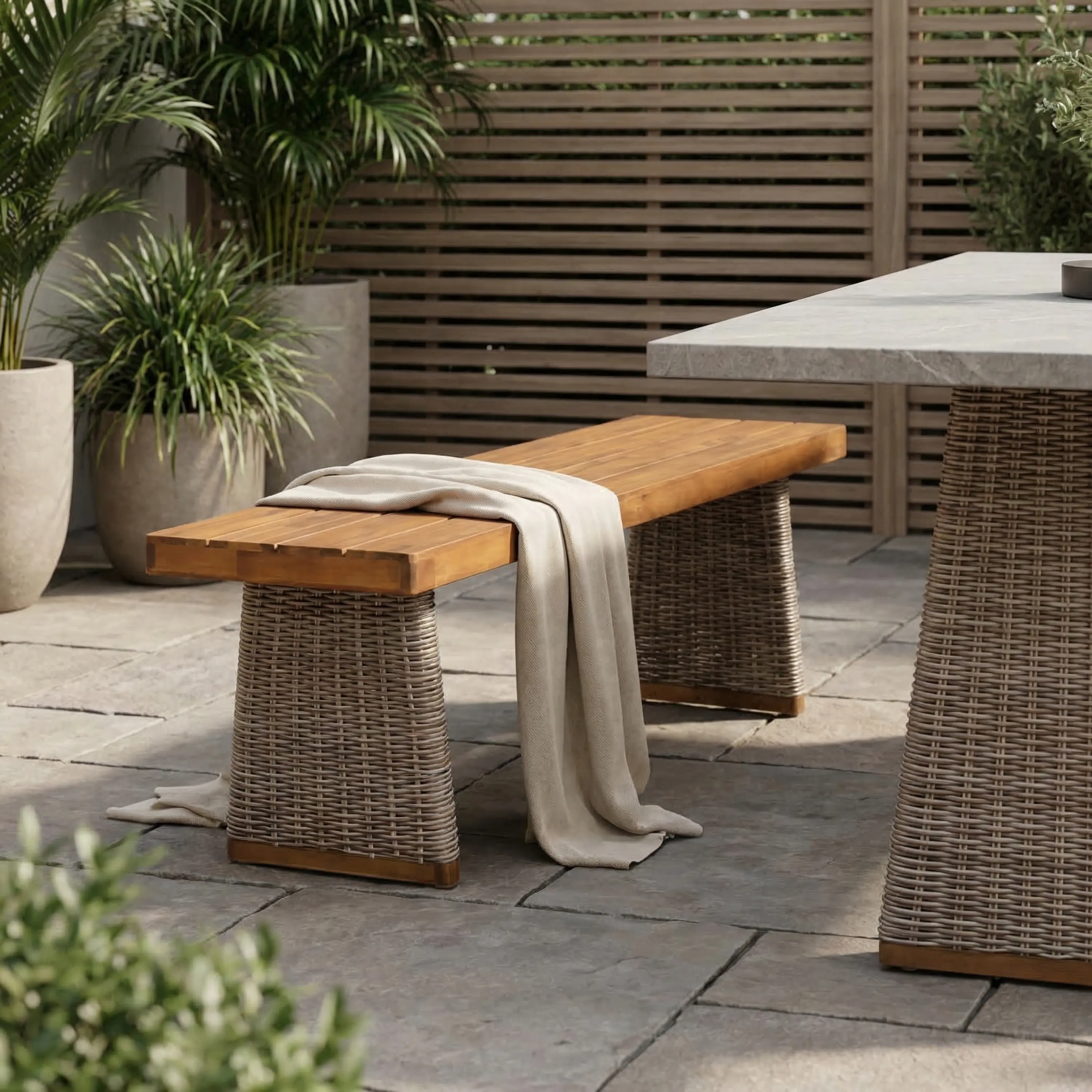 ARCH Outdoor Acacia Wood Bench - Teak Finish, Brown Wicker Seat, 1-Piece Patio Seating with Durable Acacia Wood Frame, Weather Resistant, Assembly Required, Year-Round Use, Easy Setup, Sturdy Home Furniture, Front Porch