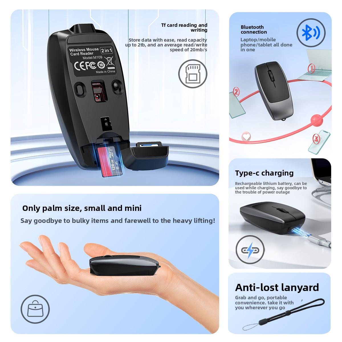 Wireless Mini Bluetooth Mouse Card Reader Silent Rechargeable Lanyard Craft Gift Keyboard