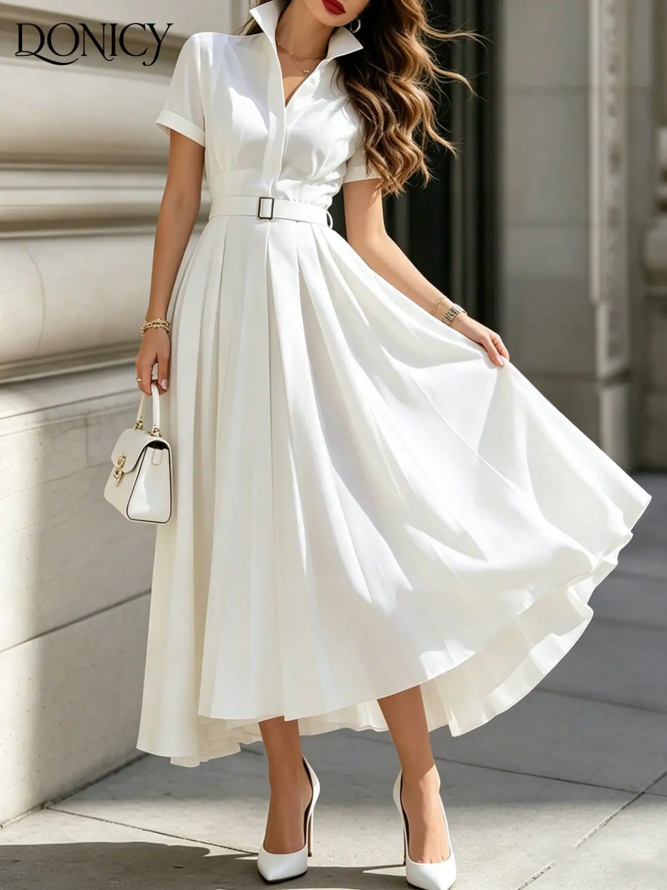Women's Elegant Chic Collared Shirt Dress, Long Midi, Short Sleeve, Solid Color, Slim Fit, Office & Casual Wear, Summer Style