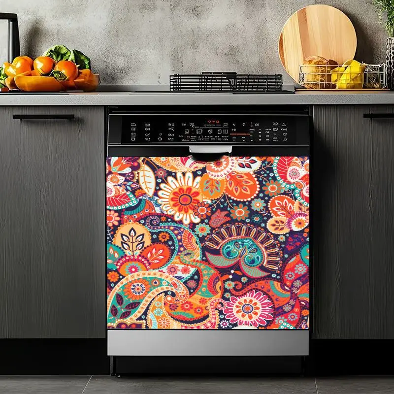 2D Flat 2Pcs Colorful Paisley Floral Vinyl Dishwasher Decal Stickers, Bohemian Style Appliance Cover for Kitchen Home Decor, Waterproof Self-Adhesive Decorative Wrap Skin, Washing Machine, Refrigerator, Cabinet, Perfect Laundry