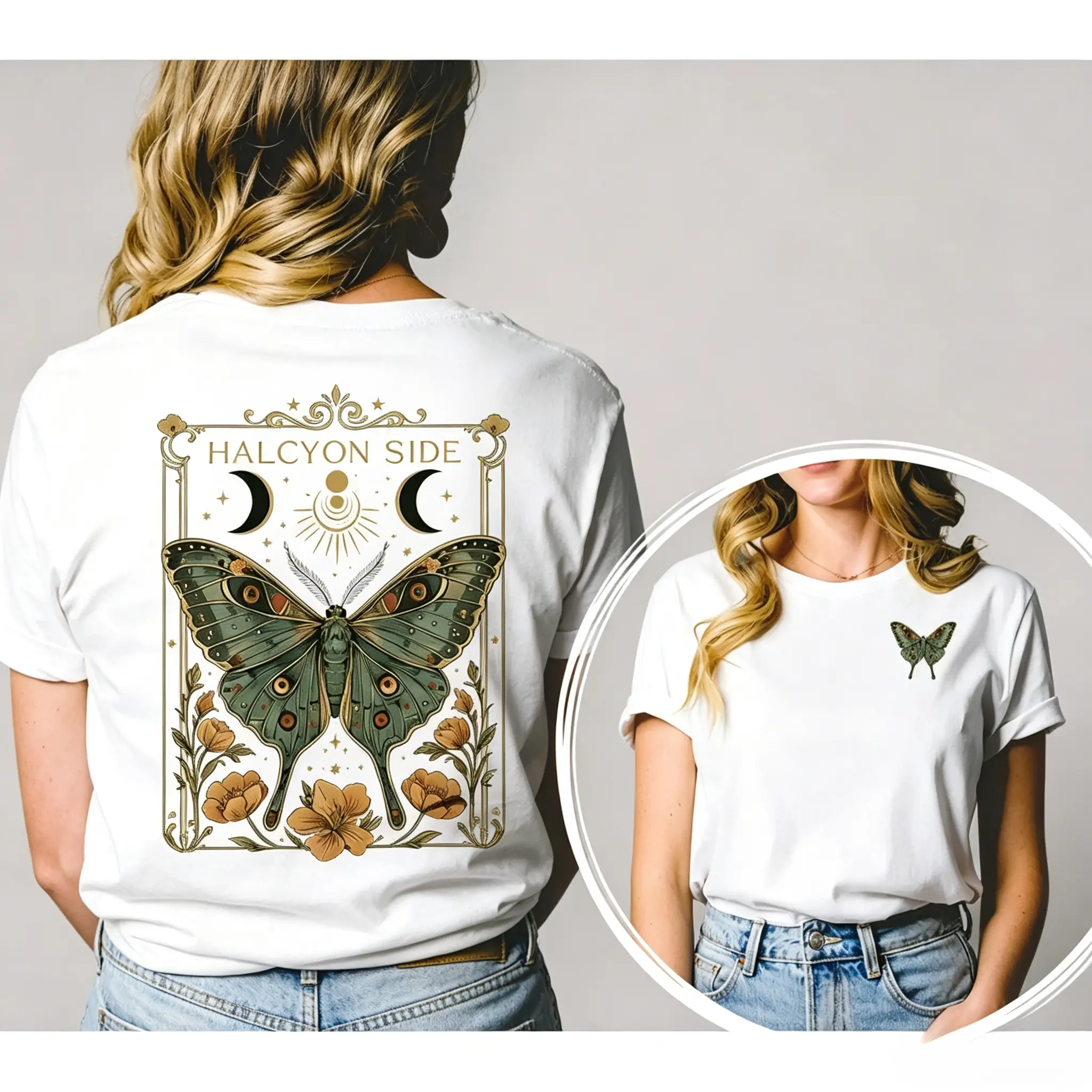 Women's Oversized Knitted Celestial Tarot Graphic Tee - Halcyon Side Luna Moth, Witchy Boho, Mystical Front-Back Garment for Halloween, Party, Casual Sports & Outdoor Wear, Shortsleeve
