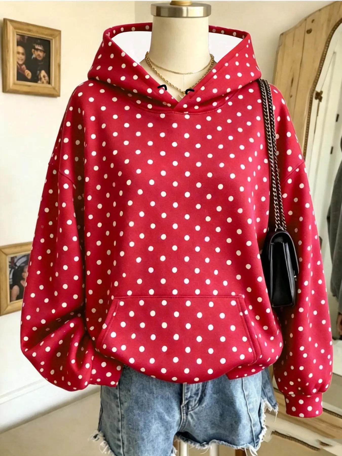 Classic Polka Dot Loose Fit Hoodie, Vintage Casual Pocket Sweatshirt, /, Evenly Distributed Dots, Versatile Style