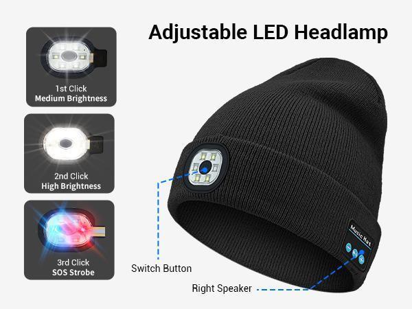 M1-BL10 Bluetooth Beanie with LED Headlight and Removable Speaker, USB Rechargeable warm Hat LED Hat for Music and Calling, sport,outdoor,Unisex Festivals/Birthday Gift