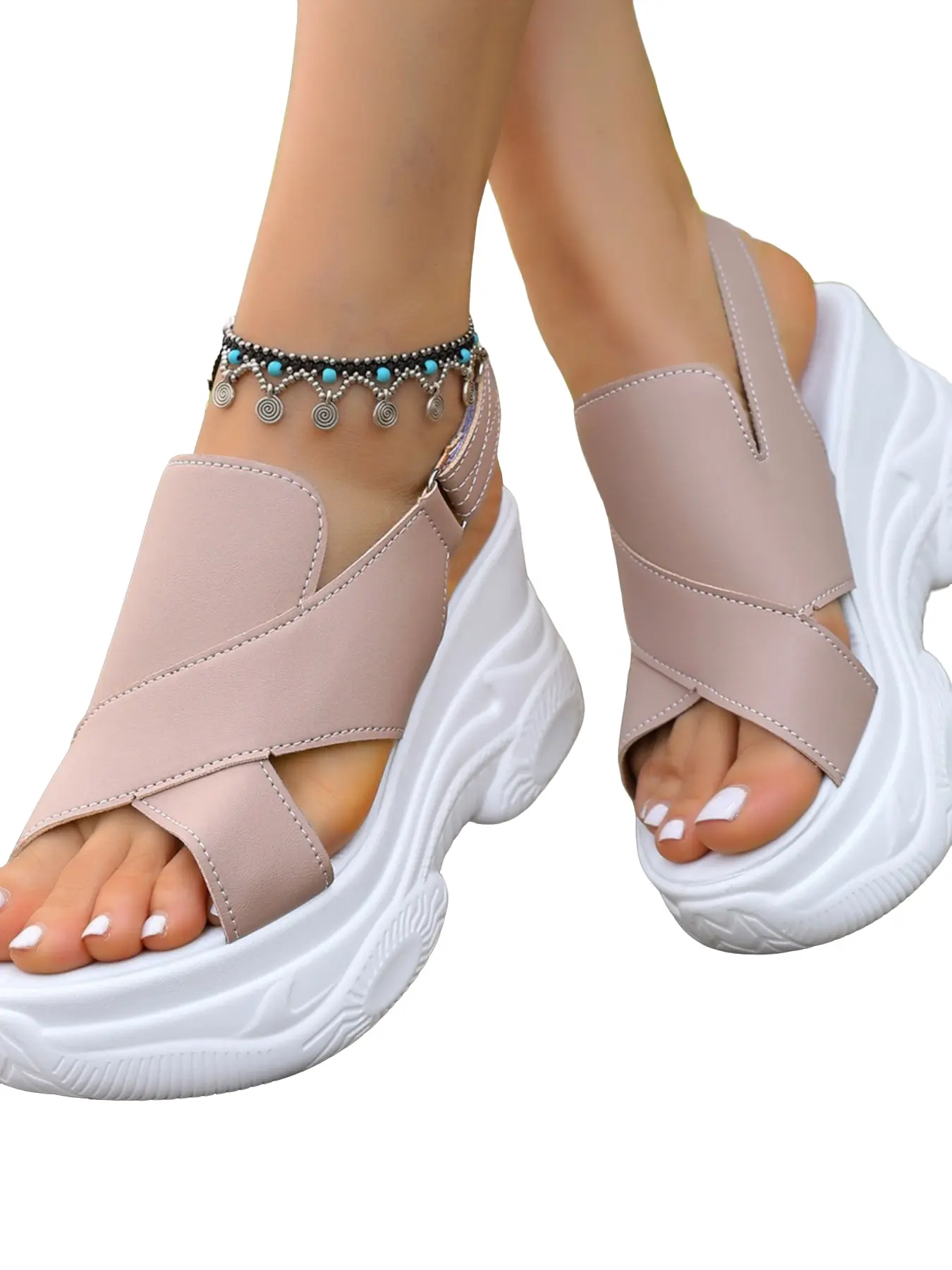 Women's Adjustable Strap Mules, Open-Toe Thick Sole Wedge Sandals, Summer Outdoor Casual Shoes, Comfortable Slip-On Footwear