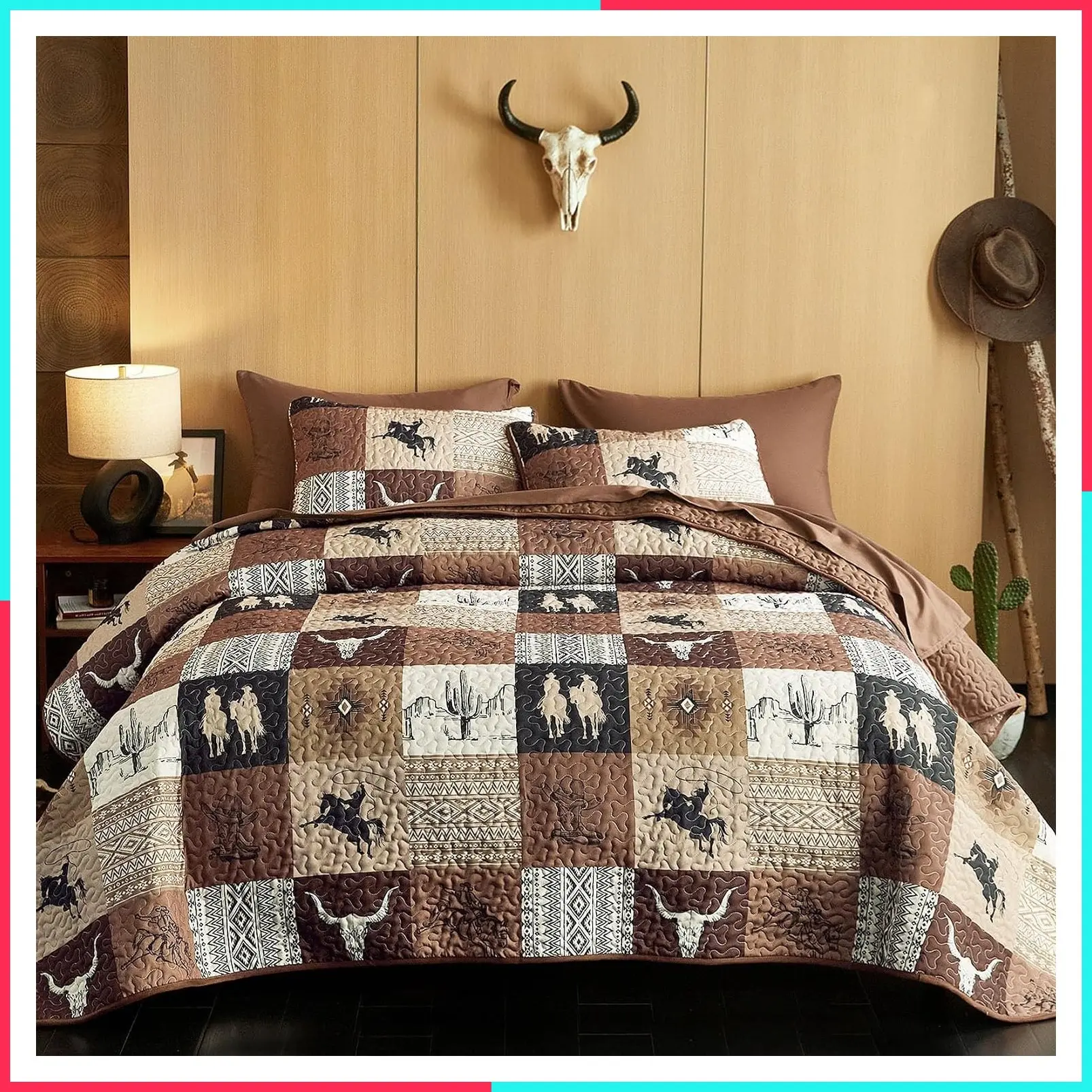 Western Quilt Set Queen/Full Size - Southwestern Aztec Horse Cowboy Rustic Ranch Pattern Printed, Reversible Lightweight Bedspread Coverlet, 3 Pieces, Tan Brown