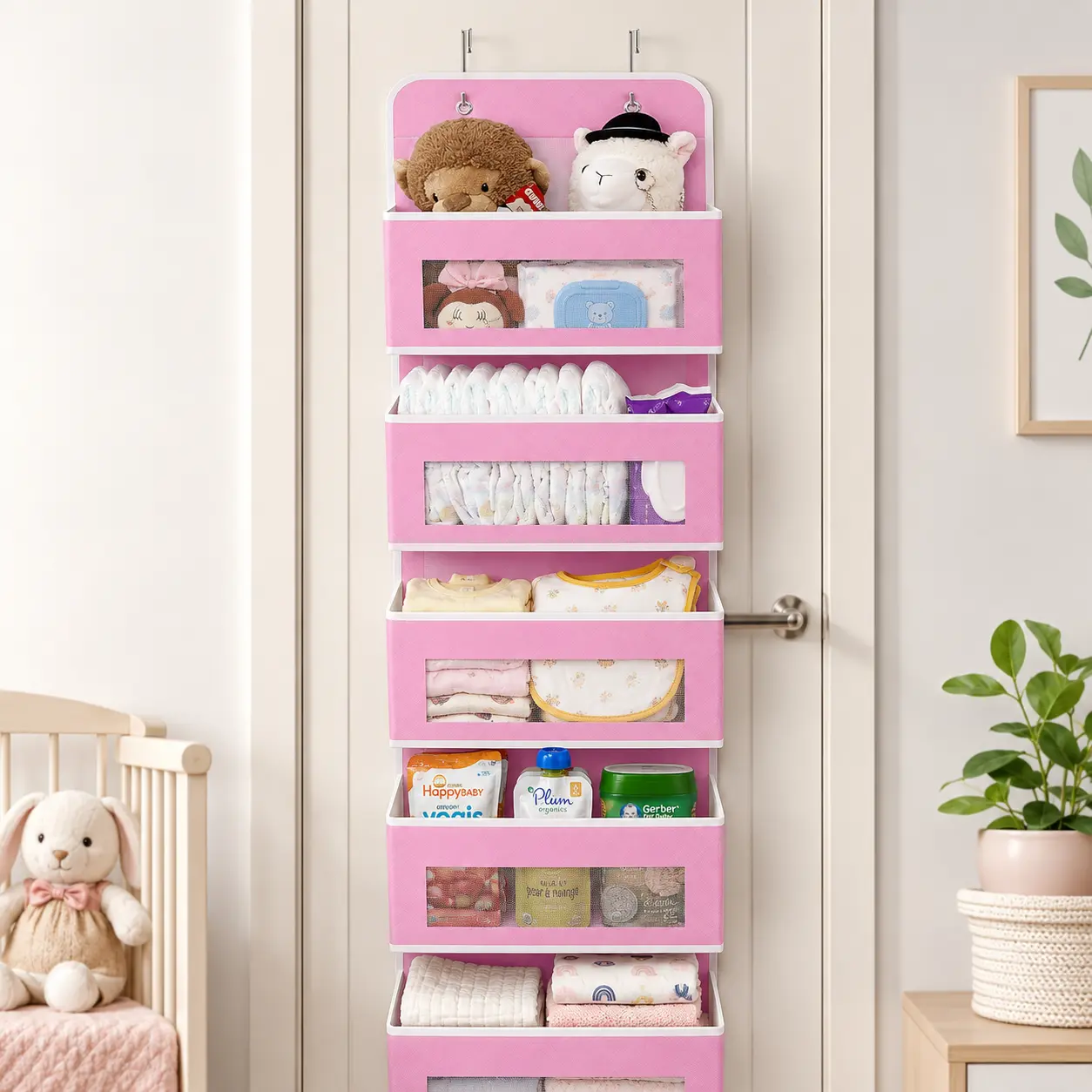 🌸6 Clear Window Pockets Over The Door Hanging Storage Organizer, Pink Closet Door Hanging Caddy, Wall Mount Hanging Storage Bag for Bedroom, Bathroom, Pantry, Dorm Small Sundries & Cosmetic Organization