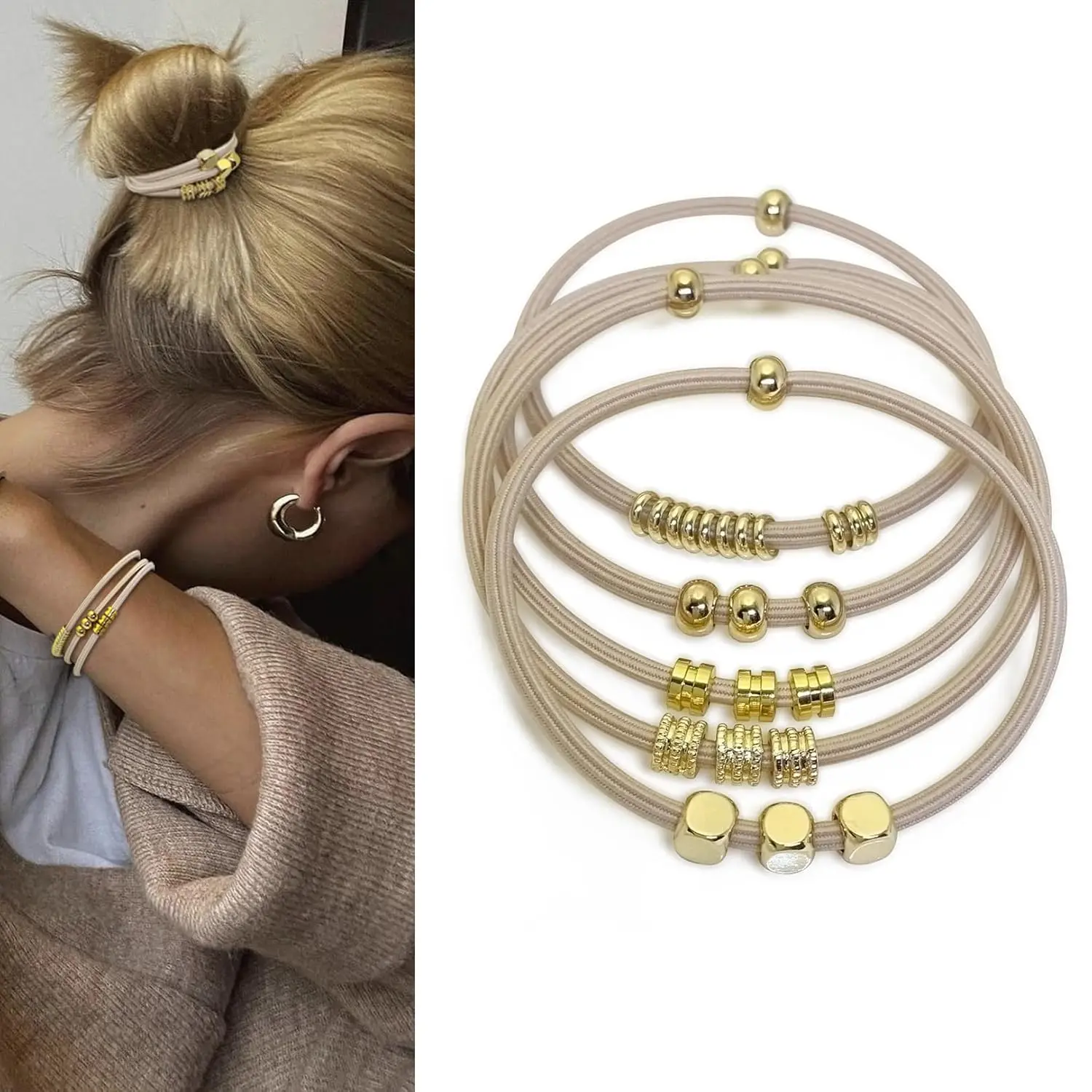Blonde Boho Hair Ties Bracelet, Cute Ponytail Holders with Gold Bead Jewelry for Women, Trendy Elastic Hair Accessories for Thick, Thin, Curly Hair (Beige)