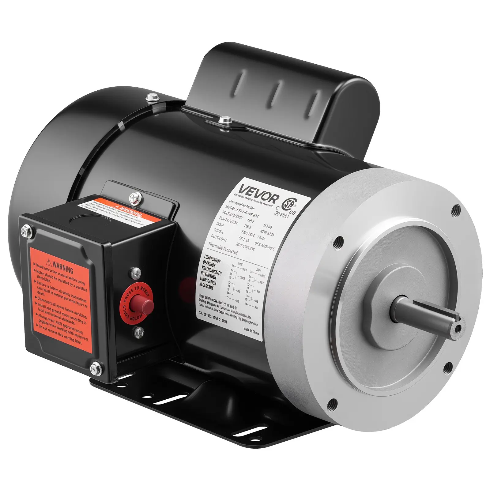 【DealsForYouDays】VEVOR 1 HP Electric Motor Unit, 1725RPM Air Compressor Motor, CW/CCW Spin, 5/8 in Shaft Diameter, 1.88 in Shaft Length, 4.1N.m Torque, Single-Phase, TEFC Cooling, 115V/230V, 56 Frame, Metal Casing
