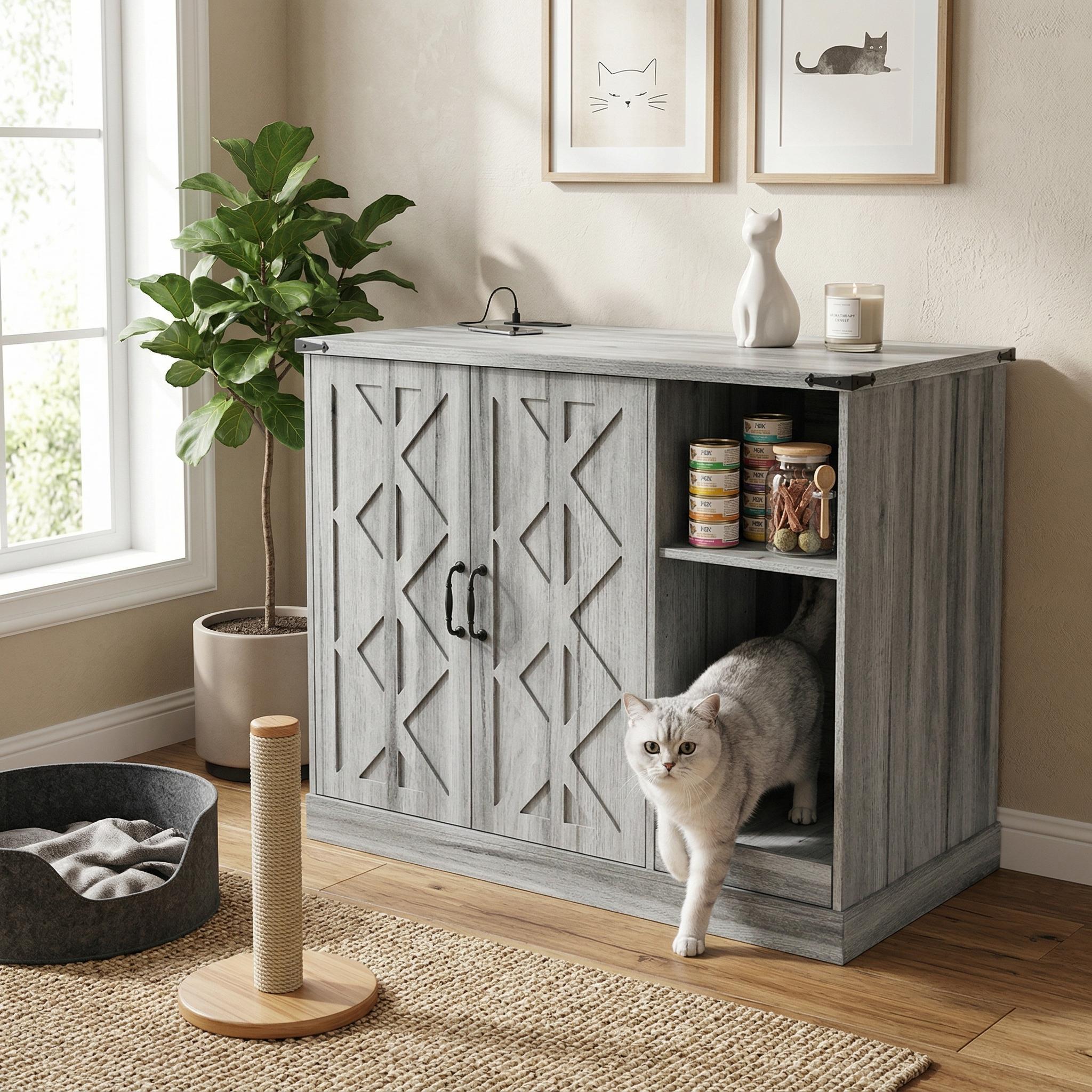 [Bellemave]Cat Litter Box Cabinet with Power Outlet, Modern Litter Box Furniture for Large Automatic Litter Boxes, Hidden Litter Box Enclosure with Litter Catcher, Adjustable Storage Shelves, Gray