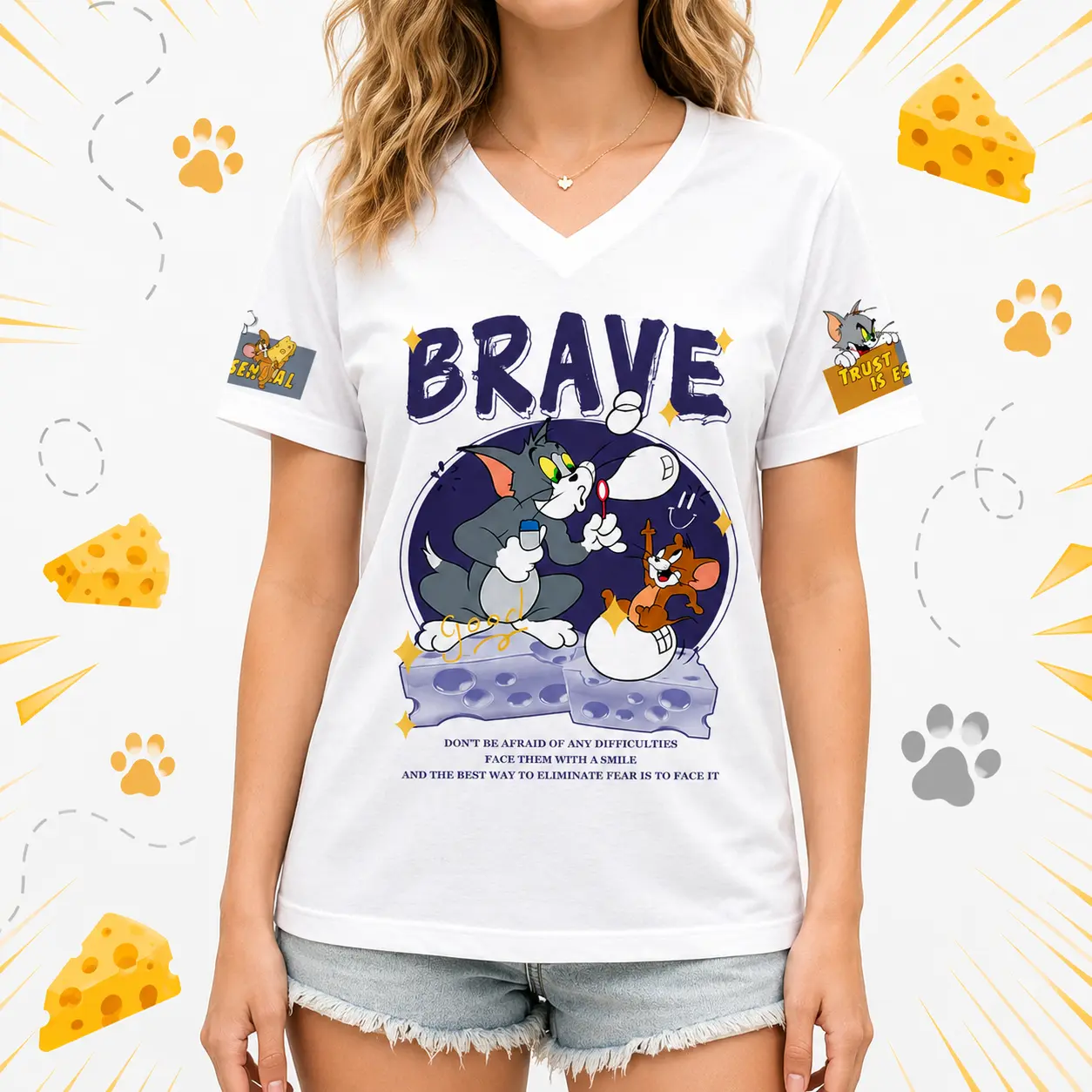 Tom and Jerry Graphic Tee, White V Neck Short Sleeve T Shirt with Front & Back Print, Relaxed Fit Casual Summer Top, Cartoon Fan Gift,telenovela themed apparel,team spirit shirt,ole brand select,fan accessory,character print accessory,oversized tshirt, Po