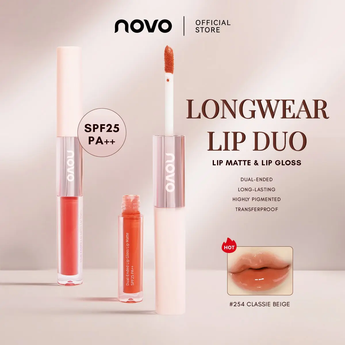 Novo Matte Finish Dual-Ended Lip Gloss, Easy Application, Long-Lasting, Brightening, Non-Staining, Perfect for Everyday Use, Long Lasting Lipgloss