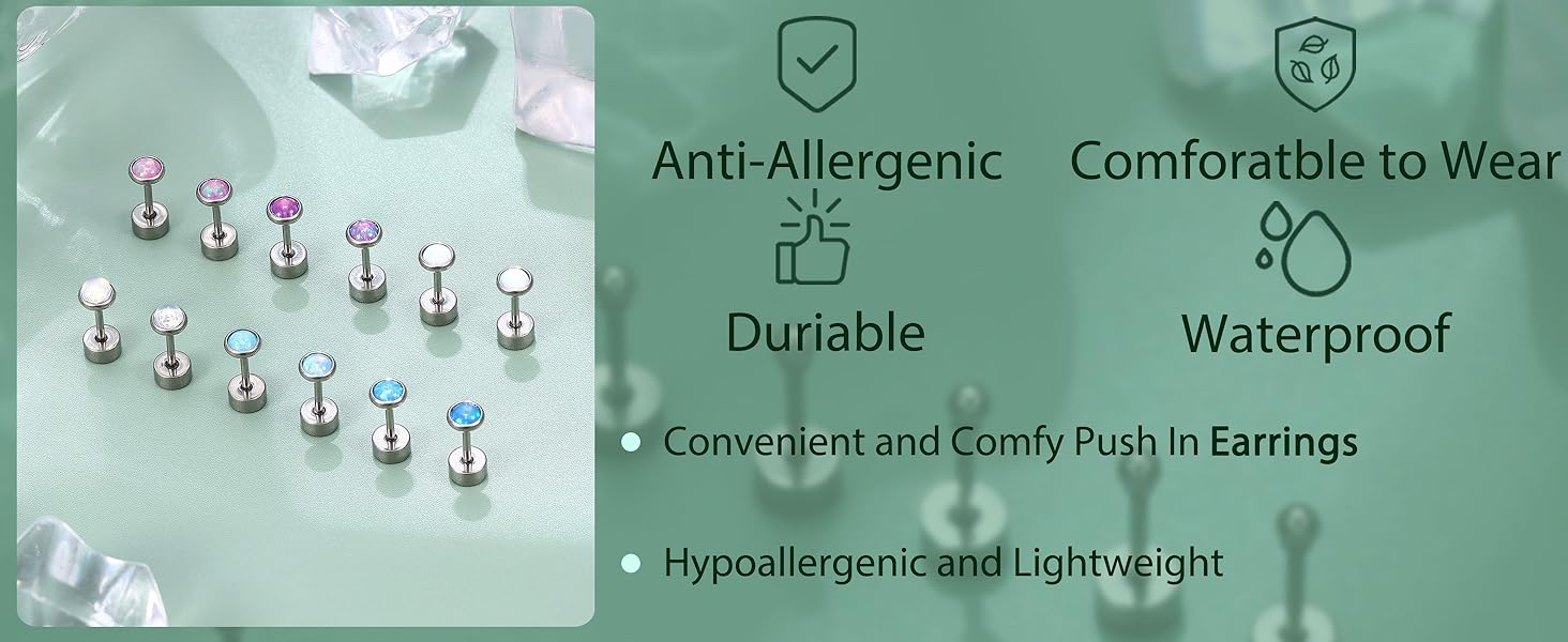 FIBO STEEL 6 Pairs G23 Titanium Flat Back Stud Earrings Set for Women Men 2/4mm Opal CZ Ball Cartilage Tragus Piercing Jewelry Hypoallergenic