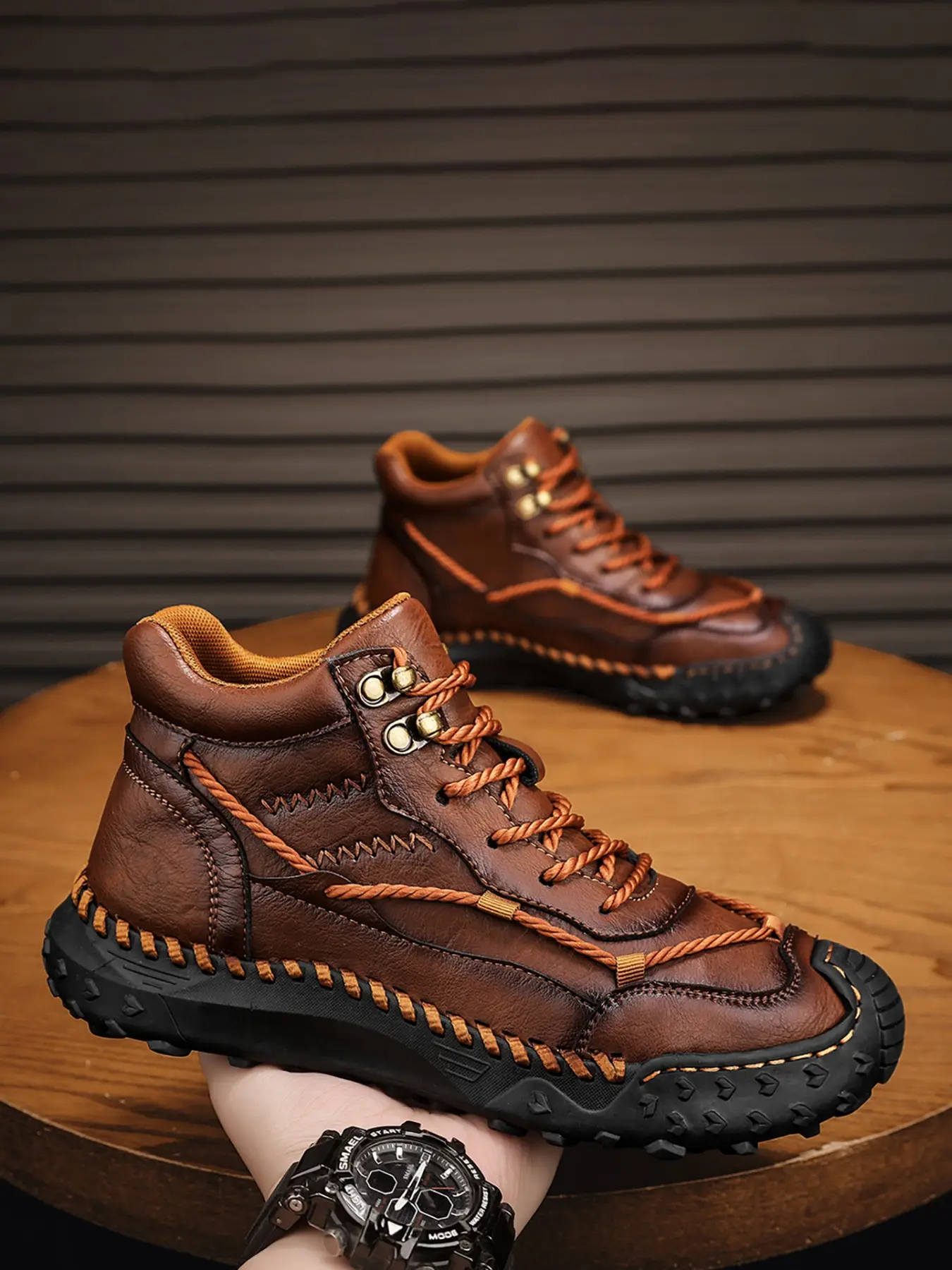 Men's Handmade High-Top Casual Shoes, Fashion Vintage Simple Versatile Lace-Up Design, Outdoor Hiking Driving Shoes, Comfortable Microfiber Leather, Outdoor Sneakers, Outdoor Leisure Footwear