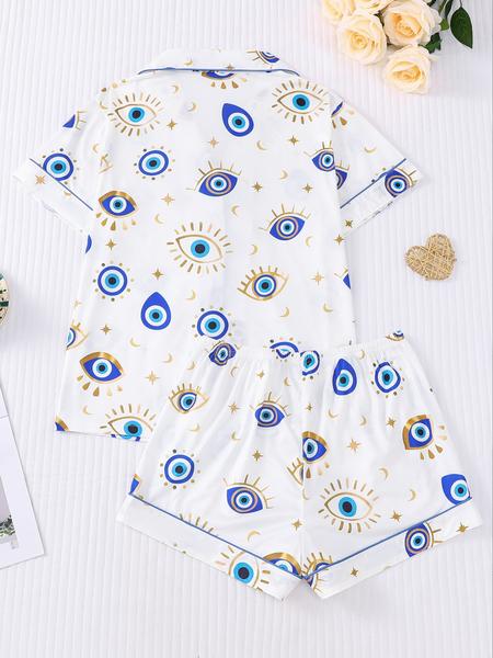 Women's All Over Cartoon Eye Print Short Sleeve Pajama Two-piece Set, Casual Comfy Button Front Chest Pocket Design Lapel Neck Top & Elastic Waist Shorts PJ Set, Ladies Sleepwear for All Seasons, Pajamas, Starlight Pajama Set
