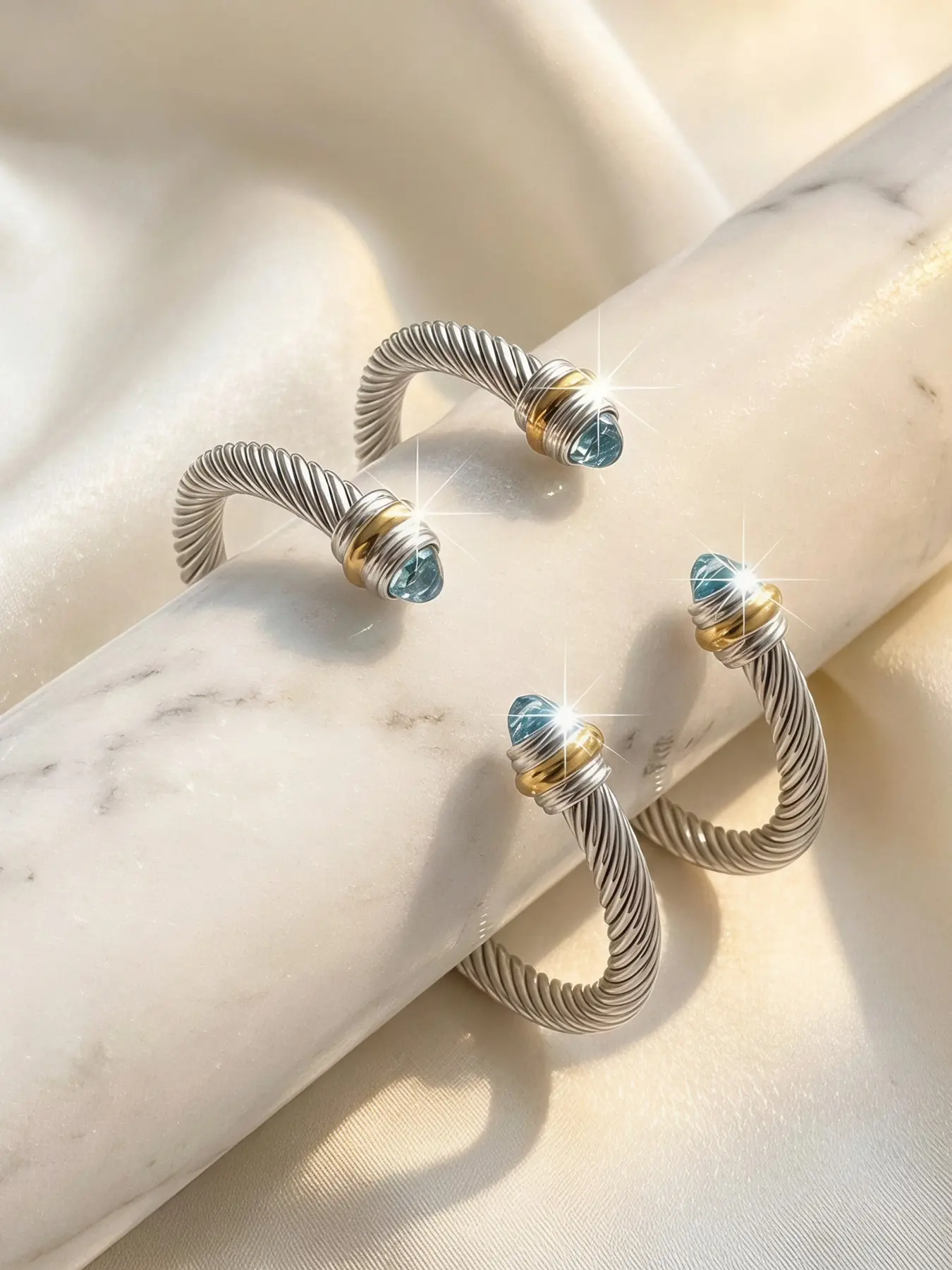 2-Pack Couple Twisted Wire Open Cuff Bracelets with Cubic Zirconia Inlaid at Both Ends, Hypoallergenic, Waterproof, Uniquely Designed Stackable Jewelry, Exquisite and Elegant for Daily Wear. Ideal for couples and best friends, as well as a delicate gift f
