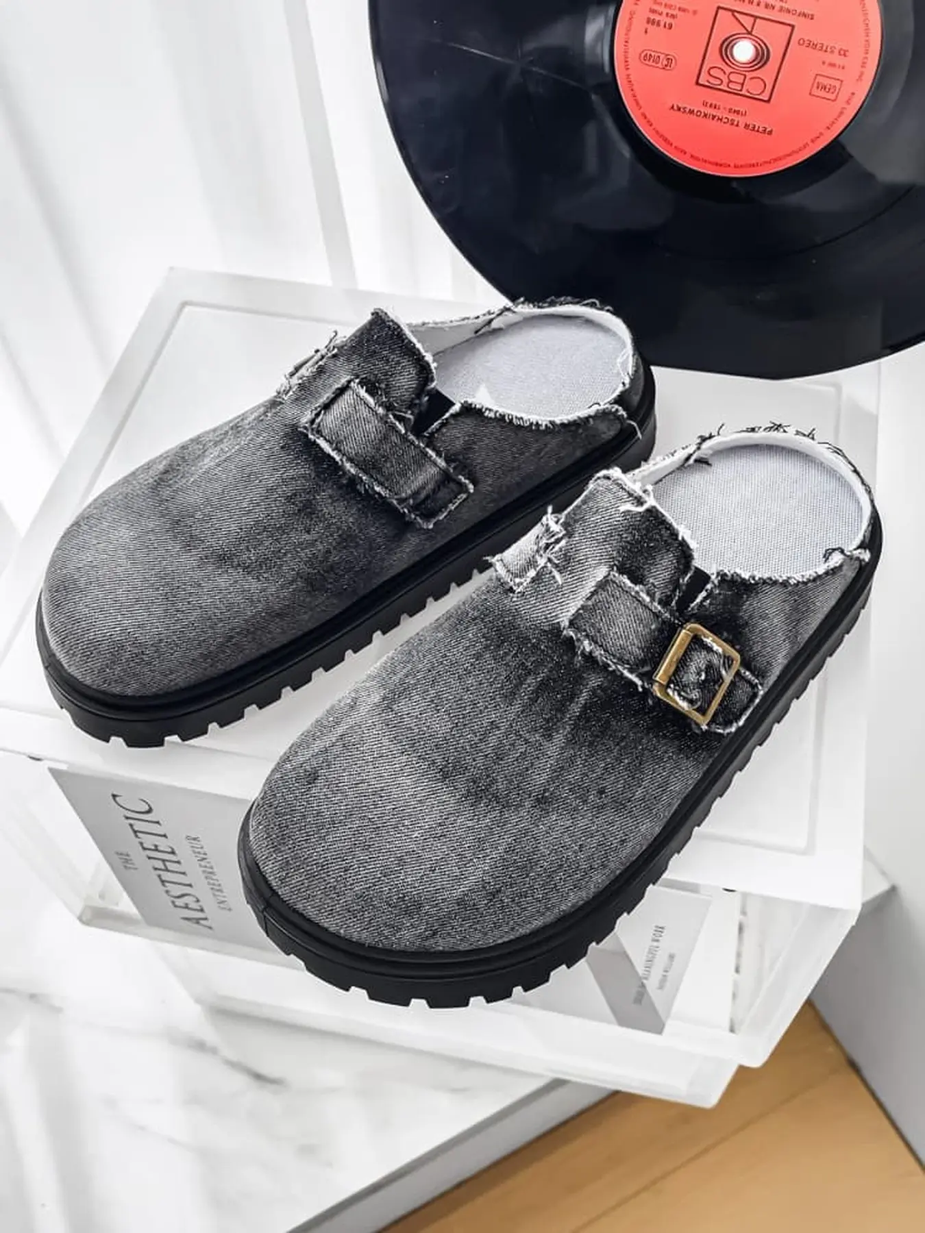 1 Pair Men's Platform Denim Half Slippers | American Retro Street Style, Adjustable Metal Buckle Non-slip Thick Sole, Perfect Choice For Trendsetters Daily Styling