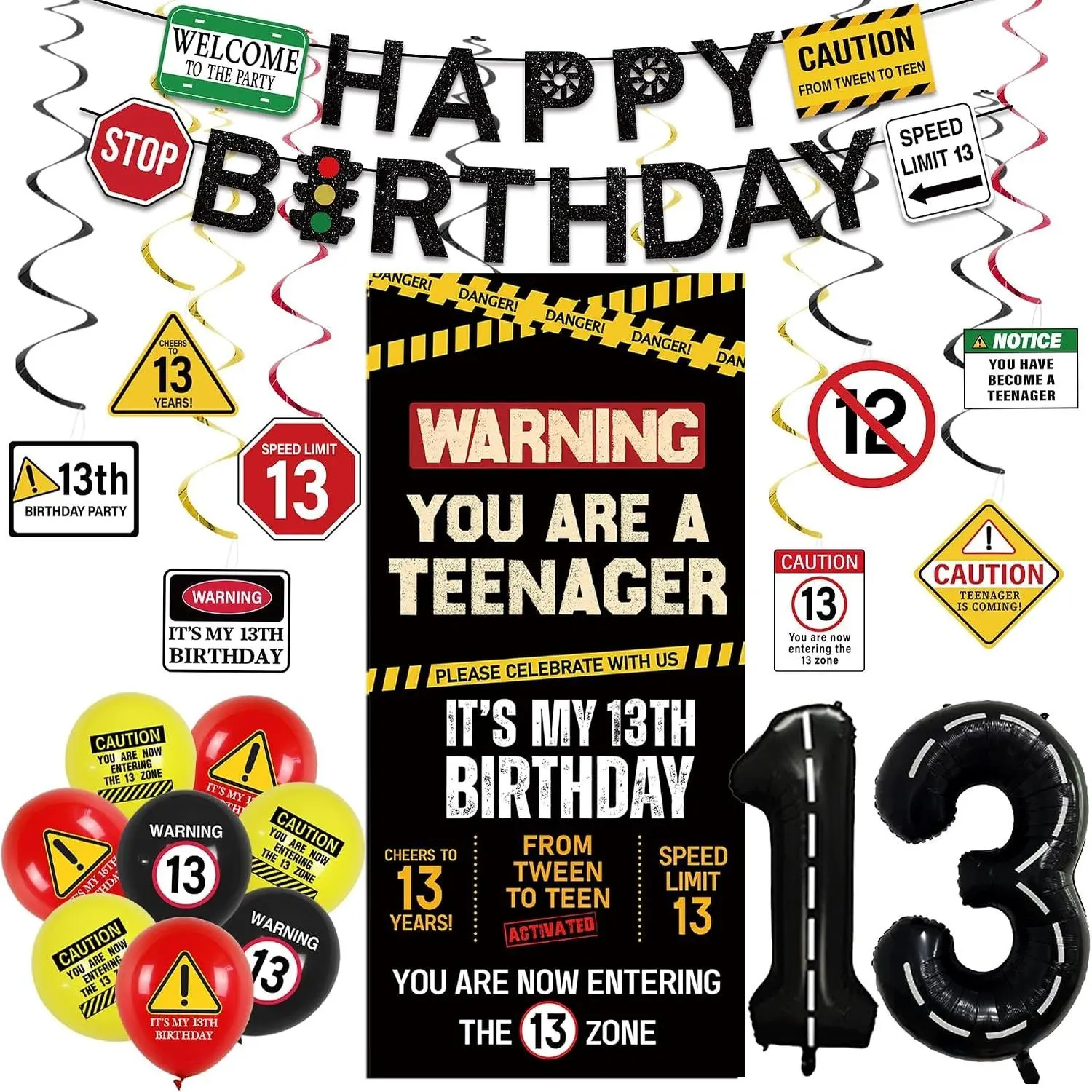 13th Birthday Decorations for Boys Girls, Caution UR A Teenager Banner, Black Happy 13th Birthday Backdrop Balloons Hanging Swirls, 13 Years Old Party Yard Door Wall Cover Background