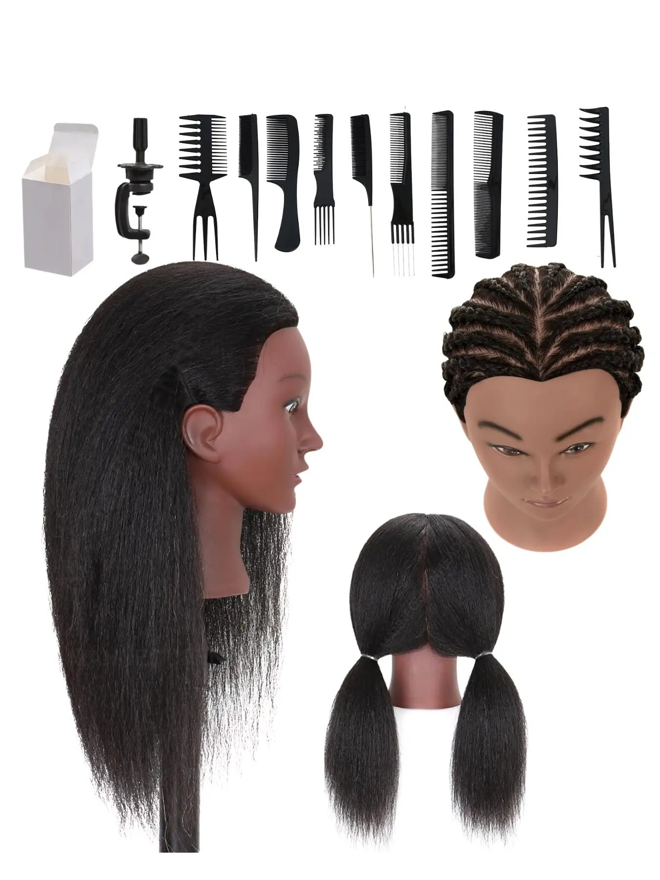 16-20 Inch Women Dark Skin Yaki Straight Mannequin Head 100% Human Hair Braiding Training Manikin Head With Table Clamp Stand And 10 Pcs Professional Hair Comb Kit For Cosmetology Students Practicing Cornrows Box Braids African Hairstyles