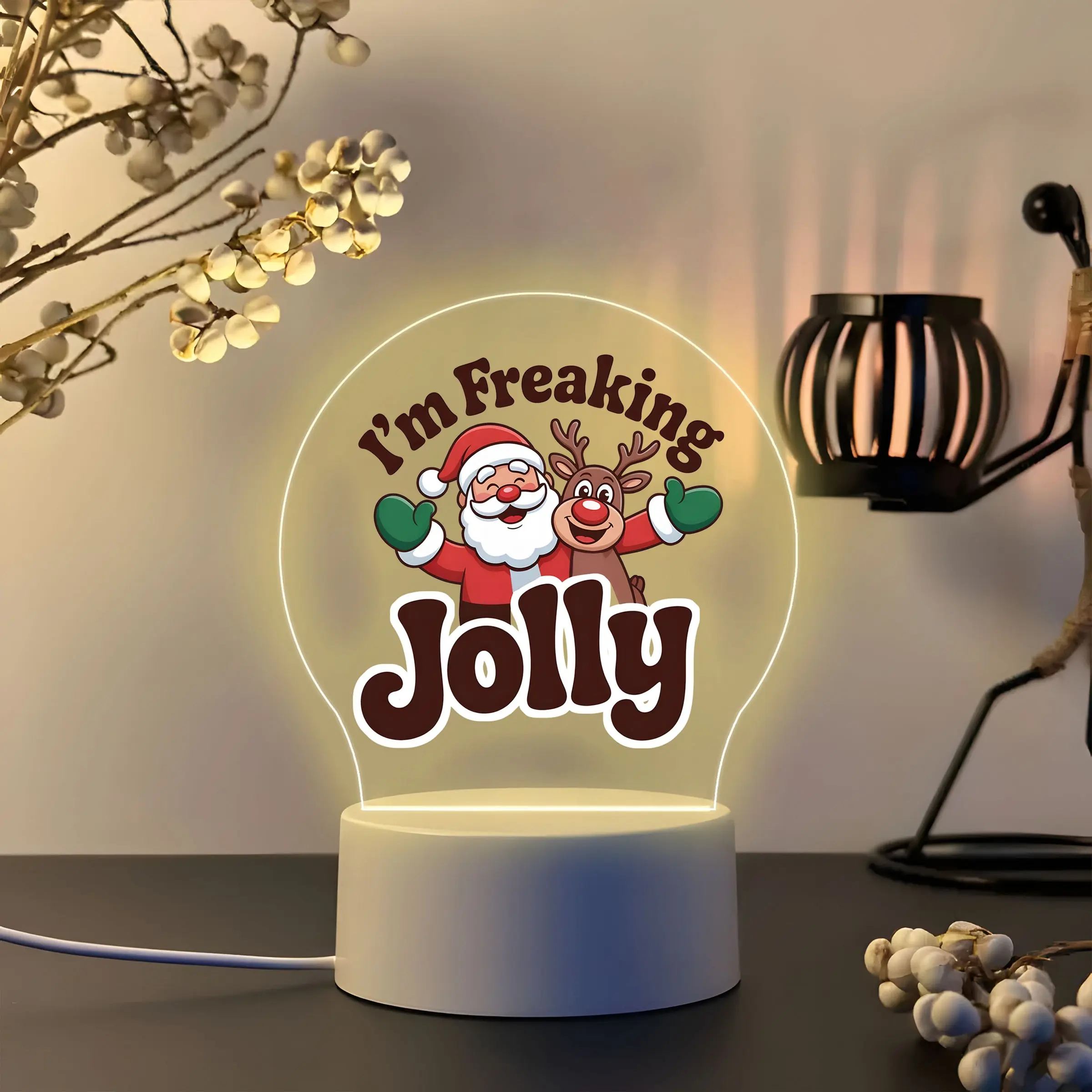 Funny Christmas Cartoon LED Night Light, I'm Freaking Jolly Santa Reindeer Acrylic Desk Lamp, Teen Farmhouse Xmas Bedroom Decor Gift