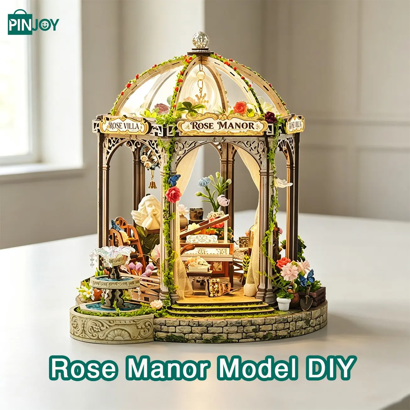 Comfortable Cottage Design DIY Wooden Bookshelf Kit, Handmade Wood Bookshelf Set, Rose Garden Theme Creative Art Gift, Perfect Home Decor