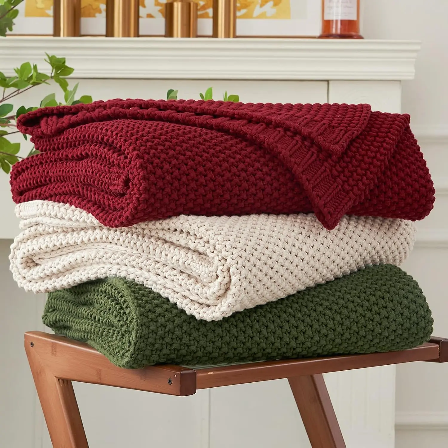 Chunky  Knit Throw Blanket Lightweight Burgundy    Blanket for Sofa Couch Bed  , Rustic Shabby Chic Modern , 51” x 63” Give  Bag