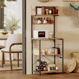 Garvee - Kitchen baker's rack with power outlet, microwave stand, 4-tier coffee station, kitchen storage shelf with 10 S-shaped hooks, shelf